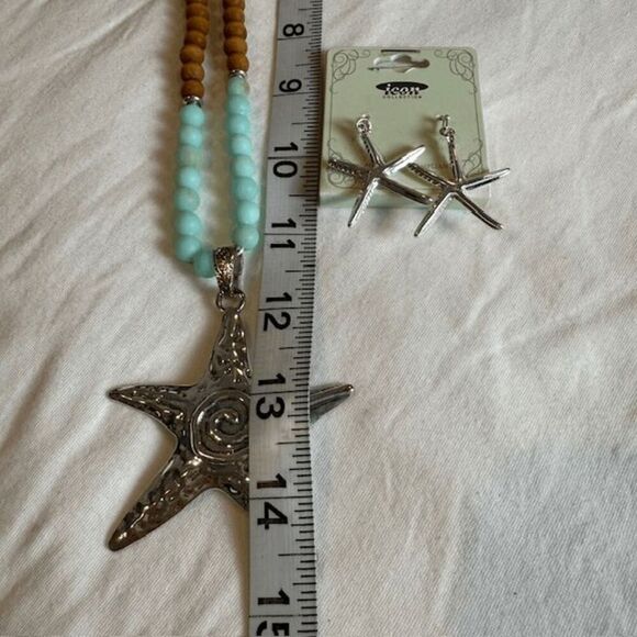 NWT Starfish Statement Necklace and Earrings Set Silver Tone Blue Green Wood - Picture 10 of 11